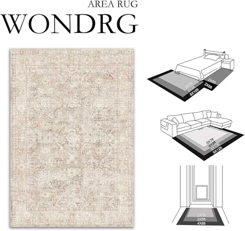 2x8 Beige Washable Runner Rug for Kitchen Hallway Neutral Soft Non Slip Rug Low Pile Vintage Distressed Carpet for Bathroom Bedroom Indoor Nursery
