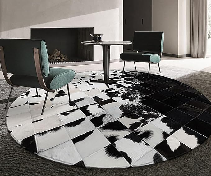 Cowhide Round Leather Rug 9x9 ft – Genuine Hair-On Hide Patchwork Area Rug for Living Room, Bedroom, Kids Playroom, Lounge & Western Home Decor