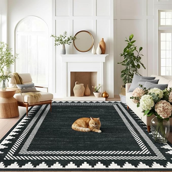 Modern Low Pile Non Slip 5x7 Machine Washable Living Room Area Rug Foldable Modern Geometric Soft Floor Carpet Geometric Bordered Stain Resistant Indoor Rug with Rubber Back, Black