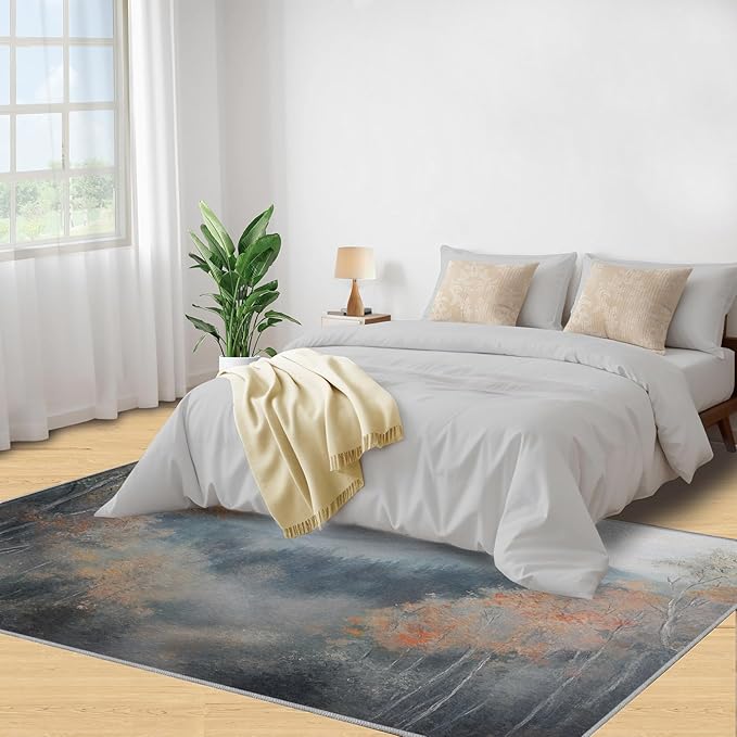3x6 Autumn Forest Bedroom Rug Under Bed - Mountain Scenery Kids Room Rugs, Oriental Charm Bedroom Runner Rug Soft Washable for Living Room Kitchen