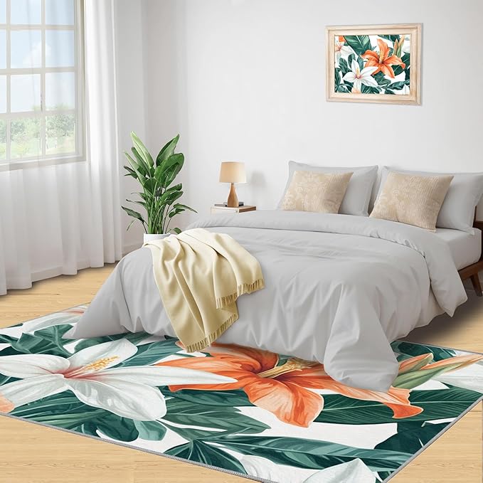 Lily Flowers Rugs for Bedroom - 3x5 Area Rug - Abstract 3D Flowers Rugs for Living Room, Tropical Plants Rug, Washable Home Decor Carpet
