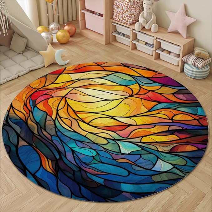 Abstract Colorful Pattern Round Rug Vintage Church Glass Area Rug Washable Soft Non-Slip Floor Carpet Low Pile Accent Rugs for Entryway Living Room Dining Room Bedroom Home Office 3ft