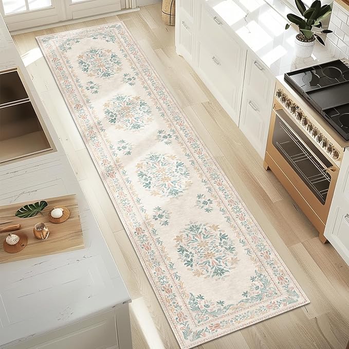 jinchan Hallway Runner Rug 2x10 Vintage Floral Distressed Design - Machine Washable Non-Slip Low-Pile Soft Thin Faux Wool Kitchen Carpet for Farmhouse Bedroom Laundry Room(2x10ft, Apricot Multi)
