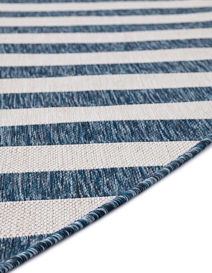 Unique Loom Outdoor Striped Collection Area Rug - Striped (7' 10" Round Blue/Ivory)