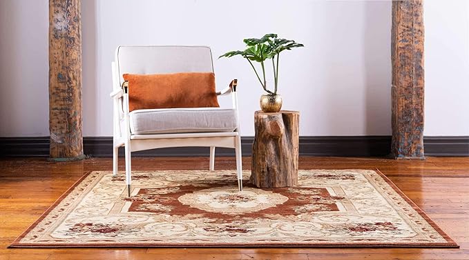 Unique Loom Versailles Collection Traditional Classic Floral Motif Area Rug (4' 0 x 4' 0 Square, Terracotta/ Ivory)