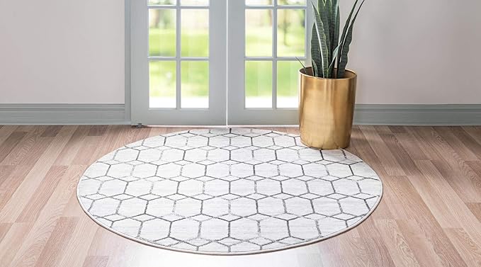 Rugs.com Lattice Trellis Collection Rug – 3 Ft Round White Low-Pile Rug Perfect for Kitchens, Dining Rooms