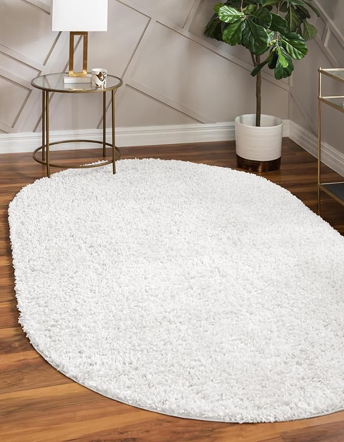 Unique Loom Davos Shag Collection Area Rug - Solid (5' 3" x 8' Oval, White/ Ivory)