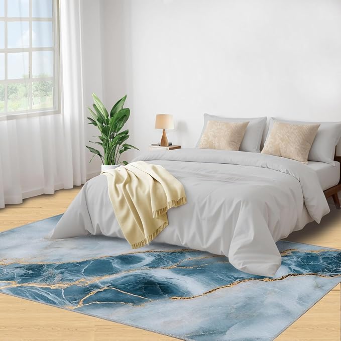 2x4 Abstract Marble Runner Rug for Hallway - Blue-White-Marble Kitchen Mat, Luxury Stone Pattern Kitchen Runner Rug Soft Non Slip Anti Fatigue for Laundry Room Indoor Hallways