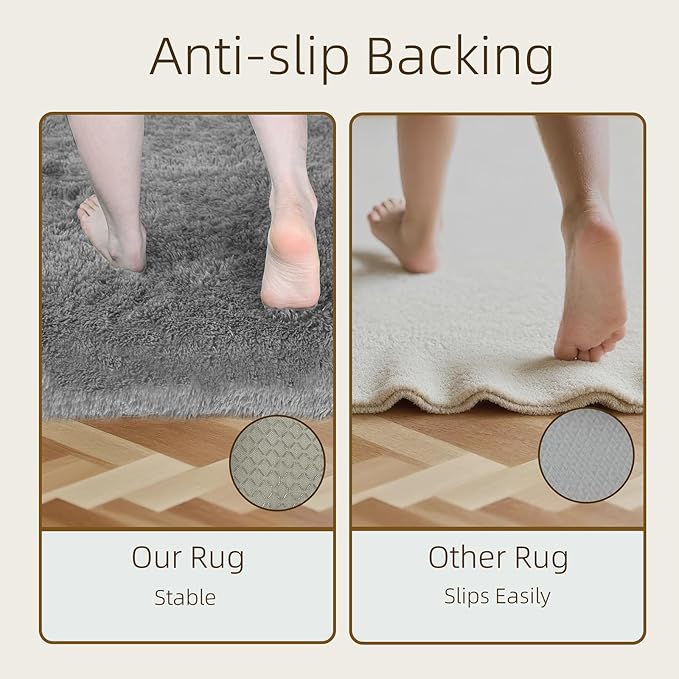 8x10 Solid Fluffy Grey Area Rug – Washable, Durable, Extra Large Living Room Rug, Non-Slip High Pile Shag Rugs for Bedroom, Playroom, Nursery Rooms, Kids Room, Soft Indoor Floor Carpet Decor