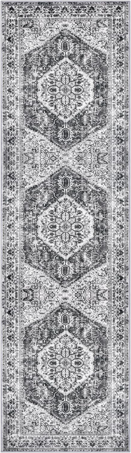 KOZYFLY Runners for Hallways 2x7 Ft Washable Kitchen Runner Rug Boho Runner Rug for Entryway Indoor Printed Faux Wool Floor Carpet Runner for Bedroom Kitchen Hall, Grey