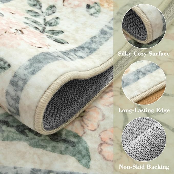 Wonnitar Boho Washable Rug 8x10, Large Area Rug for Living Room, Soft Floral Carpet for Bedroom Non Slip, 8 x 10 Indoor Beige Carpets for Nursery Dining Room Apartment Office Decor