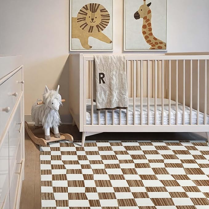 jinchan 6x9 Brown Checkered Area Rugs for Kids Room - Machine Washable Rug Modern Neutral Geometric Lattice Soft Non-Slip Carpet for Nursery Playroom Classroom Living Room Bedroom Home Office