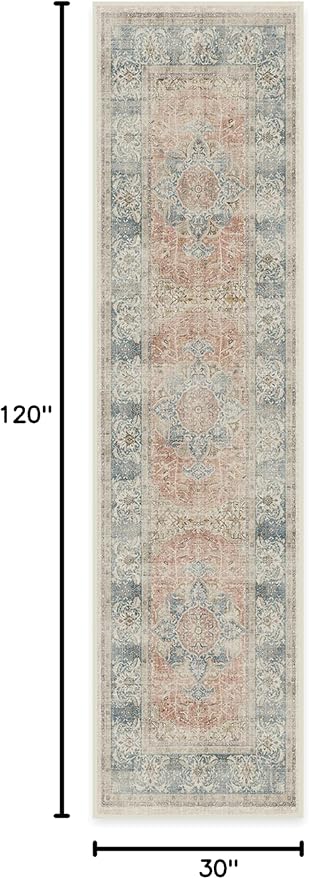 RUGGABLE Washable Vintage Runner Rug – Sarrah Coral 2.5x10, Stain-Resistant, Non-Slip Hallway Runner – Machine Washable Rug for Hallway, Entryway, Living Room & Kitchen–with Cushioned Pad
