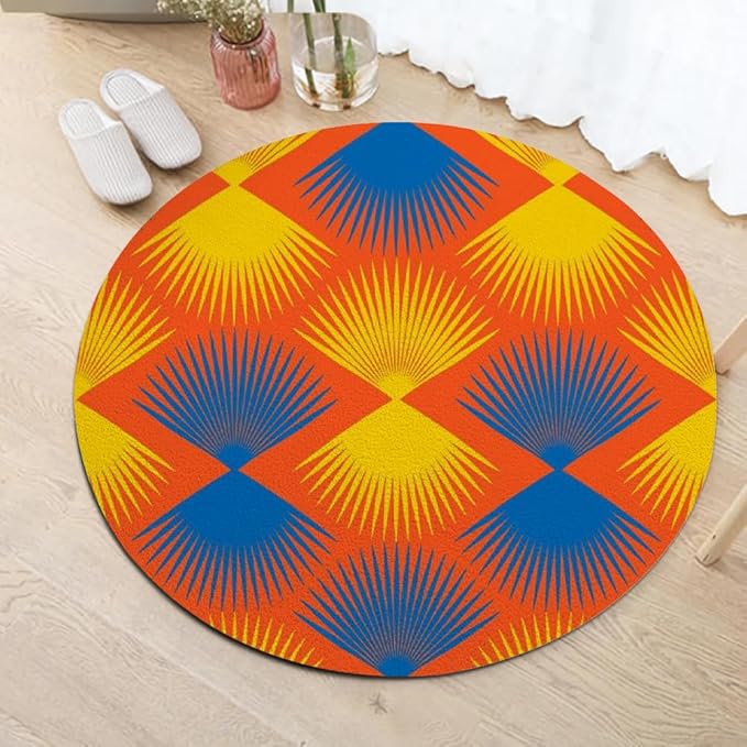 Vintage Blue Orange Round Rug Retro Pattern Print Area Rug Washable 8ft Circle Rugs for Living Room Bedroom Non Slip, Soft Indoor Floor Carpet for Kitchen Entryway Family Room