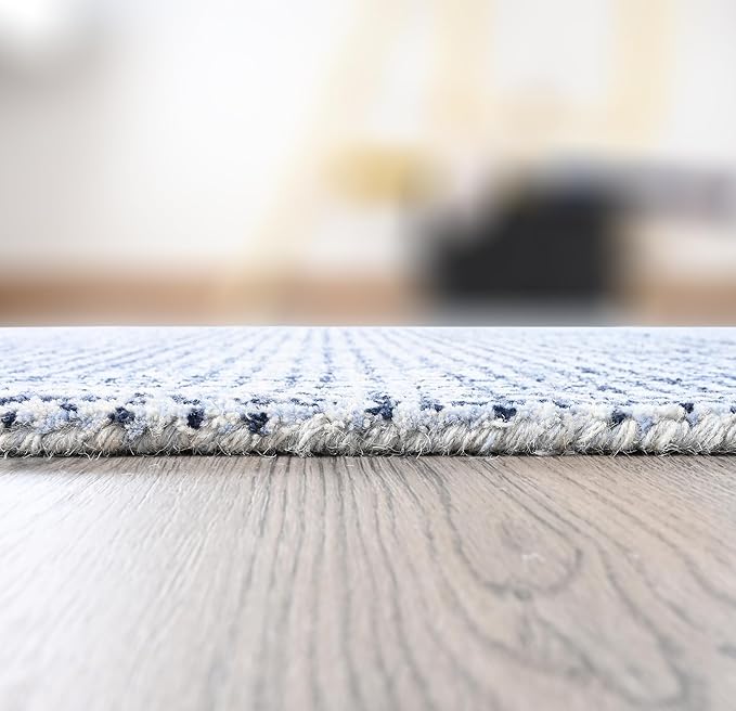 Hand-Tufted 100% Wool Pile Area Rug – Geometric Textured Grid Check Pattern – Thick and Durable Floor Carpet for Bedroom, Living Room, Kids Room, and Dining Area (Navy Blue, 2.6' x 12')