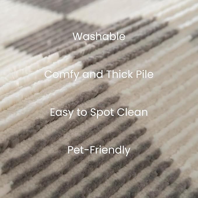 Revival Rugs Gambit 6'7"x9' Checkered Rug Washable Area Rug for Living Room Bedroom - 100% Recycled Oeko-TEX Certified, Medium Pile, Gray, Beige