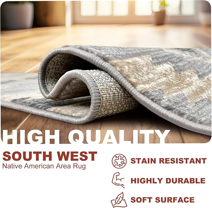 YHSF South West Native American Rug Ritz – Native Tribal American Indian Inspired Rug - Living Room, Bedroom, Hallway, Entryway & High-Traffic Area Rugs - Washable - Soft - Light Grey, 5 Feet x 7 Feet