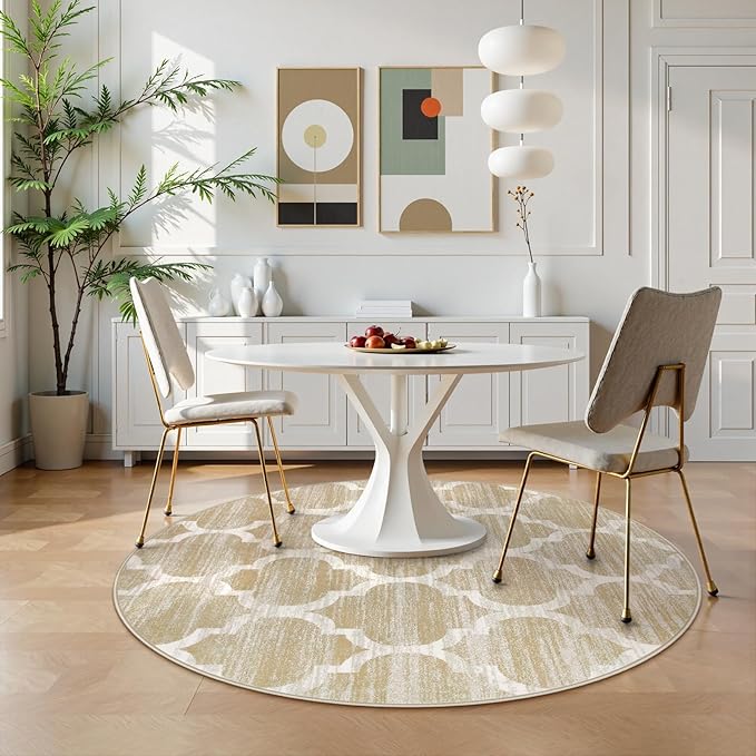 Lahome Moroccan Round Rug - 3x3 Washable Non-Slip Small Bathroom Rug Throw Soft Kids Nursery Room Rugs, Modern Print Distressed Round Carpet for Bedroom Sofa (Taupe, 3Ft-Round)