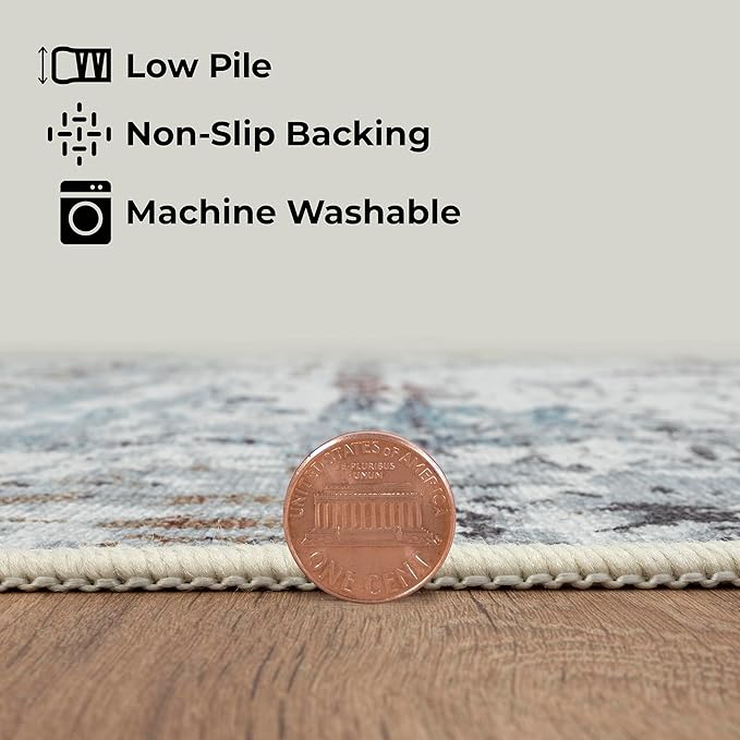 GLN Rugs Contemporary Collection - Machine Washable Area Rug, Contemporary Washable, Non Slip, Low Pile Chenille Rug, Living Room, Bedroom, Kitchen Rug (6' x 9' White/Grey/Blue/Brown)