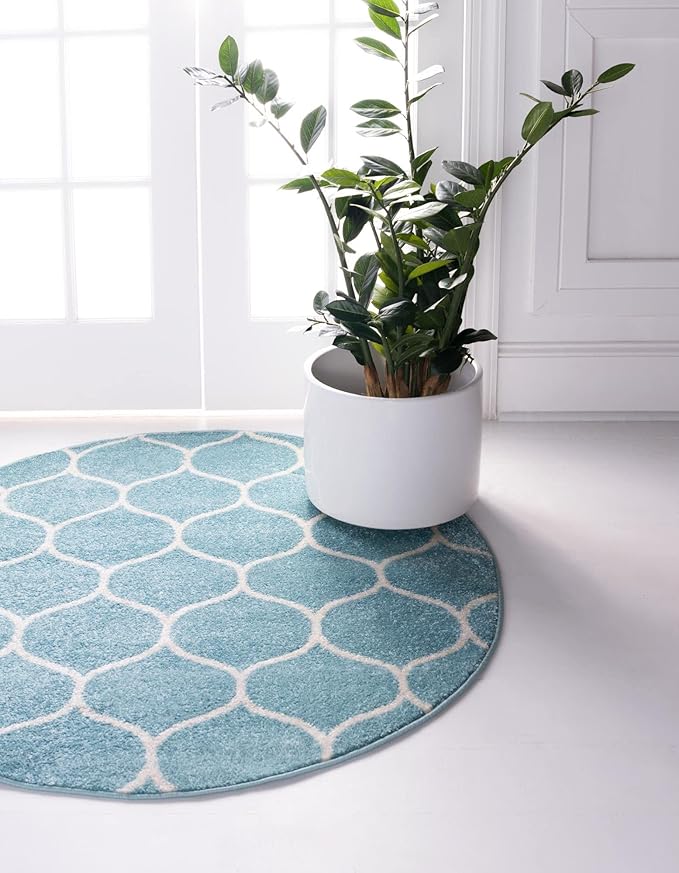 Rugs.com Lattice Frieze Collection Rug – 4' Round Light Blue Medium Rug Perfect for Kitchens, Dining Rooms