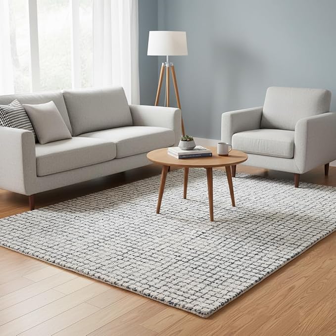 Hand-Tufted 100% Wool Pile Area Rug – Geometric Textured Grid Check Pattern – Thick and Durable Floor Carpet for Bedroom, Living Room, Kids Room, and Dining Area (Ivory, Denim, 4' x 6')