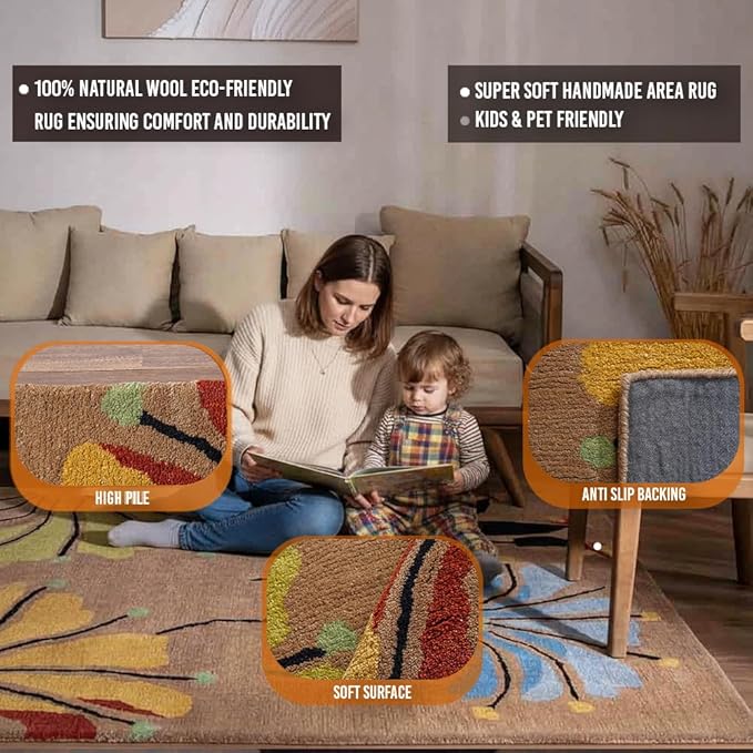 Rugsotic Carpets Hand Tufted Wool ECO-Friendly Area Rugs - 6'x9', Rectangle Shape, Camel, Floral Modern Design, High Pile Thick Handmade Anti Skid Area Rugs for Living Room, Bed Room (K00219)
