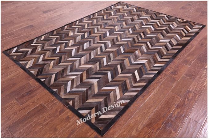 Modern Design Premium Cowhide Leather Carpet with Chevron Pattern, Area Rug (Natural Multi Brown, 12x15)