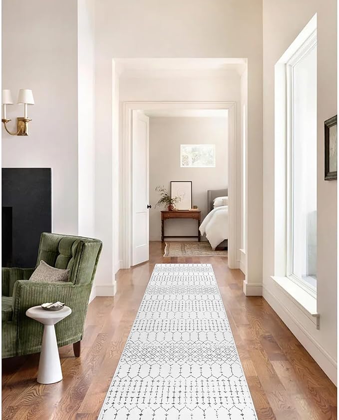 Lahome Moroccan Kitchen Runner Rug - 2x8 Non-Slip Washable Hallway Rug Runner Ultra-Thin Soft Throw Bathroom White Print Distressed Carpet for Entryway Laundry Room Living Room