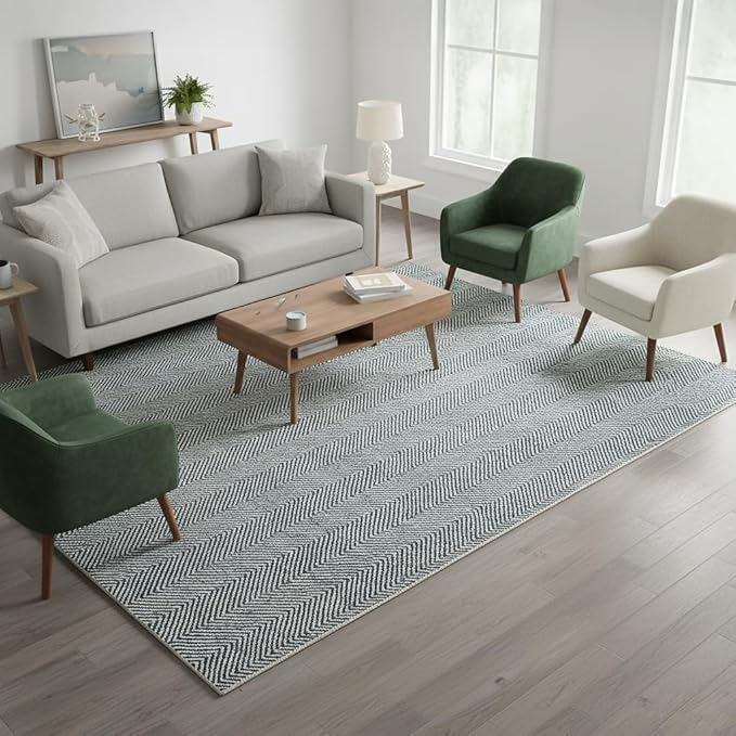 Modern Herringbone Chevron Collection Handcrafted Wool Area Rug - Durable, Zigzag Pattern, for High Traffic, Contemporary Design for Living Room, Bedroom, Dining Room Decor (Denim Blue, 10' x 14')