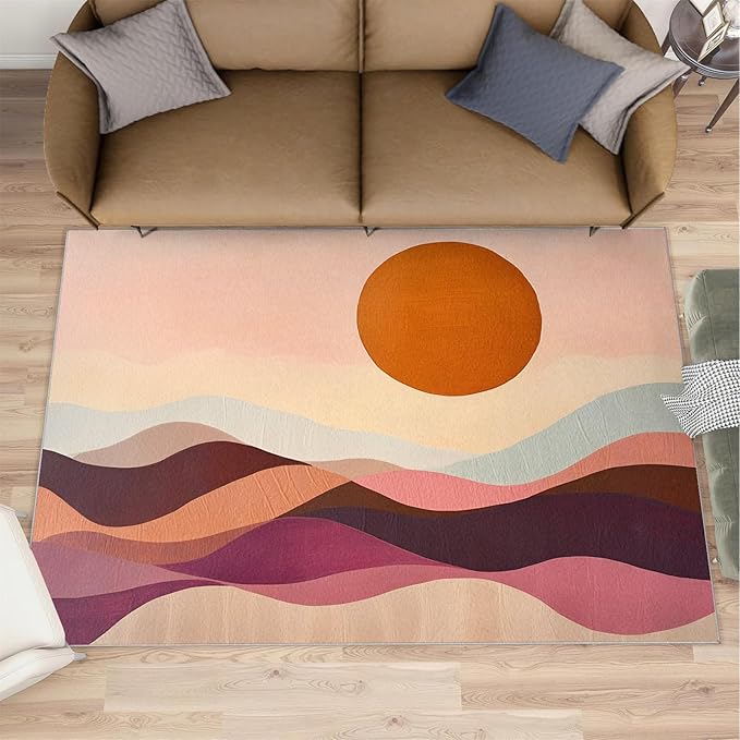Boho Sun Area Rugs 5x8ft, Minimalist Line Living Room Carpet, Geometric Solar Decorative Carpet Protect Floor for Bedroom Men Office Hardwood Floors