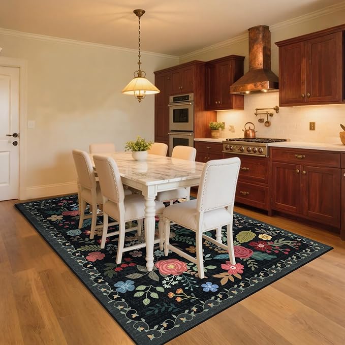8x10 Area Rug, Floral Rugs for Living Room, Stain-Resistant Washable Bedroom Rug, Non-Slip Area Rugs for Dining Room Under Table, Indoor Rug for Home Office (8 x 10 Black)