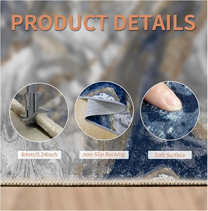 Modern Rugs Machine Washable for Entryway: 2x3 Blue Marble Small Area Rugs Non-Slip Non-Shedding - for Indoor Bathroom Bedroom Bedside