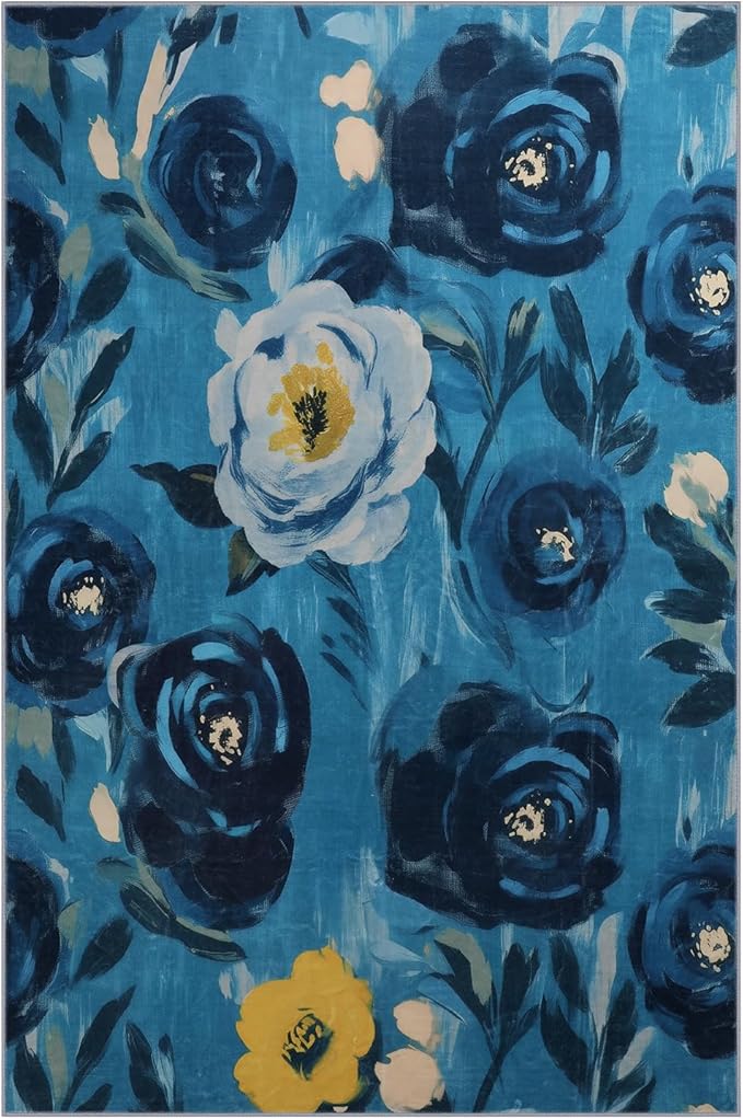 5x7 Camellia Floral Rugs, Modern Washable Flower Pattern Area Rug for Bedroom, Soft Large Non-Slip Kitchen Carpet Floor Door Mat for Living Room Dining Room Office - Navy Blue