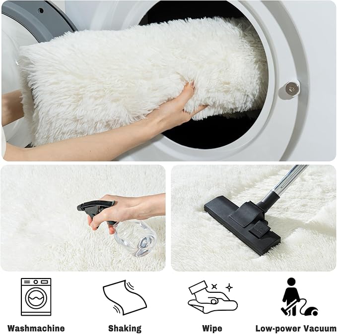 Soft Fluffy Area Rug for Bedroom, Cream White Fuzzy Shaggy Oval Throw Rugs for Bedside, Non-Slip Cozy Plush Shag Carpet for Kids Room Nursery Dorm Living Room, 2.6 x 5.3 Feet