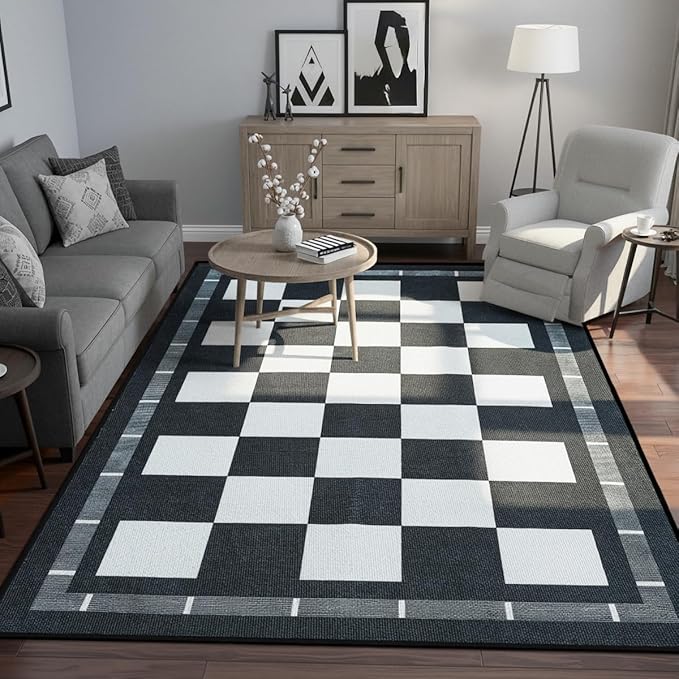 Vasofe Checkered Jute 5x7 Area Rugs, Washable Outdoor Patio Rug for Living Room Indoor Carpet, Non-Slip Farmhouse Geometric Non Slip Carpet for Backyard Dining Room Bedroom, Black and White