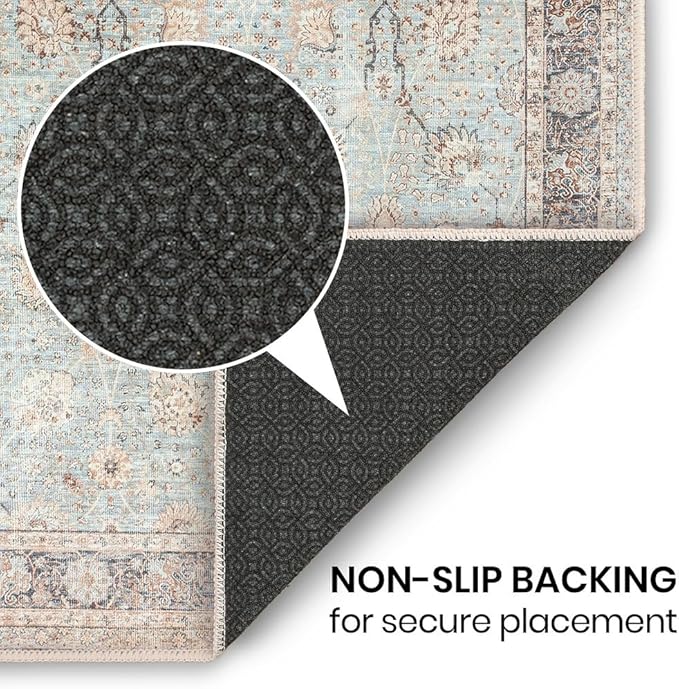 GLN Rugs Traditional Collection - Machine Washable Area Rug, Traditional Washable, Non Slip, Low Pile Chenille Rug, Living Room, Bedroom, Kitchen Rug (3' x 5' Light Blue)
