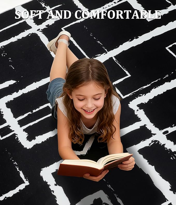 YIHOUSE Black Modern Geometric Area Rug 8x10, Black and White Rug with Abstract Rectangular Patterns,Non-Shedding Washable Rugs for Bedroom, Home Office and Living Room