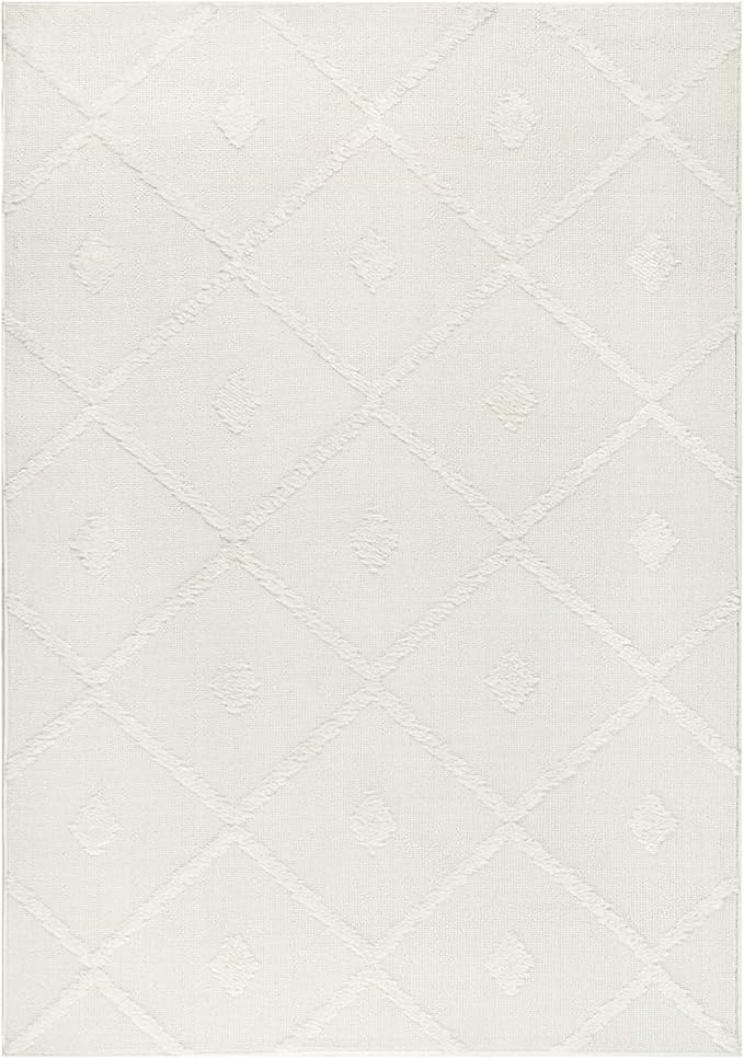 Antep Rugs Palafito 6x9 Geometric Shag Diamond High-Low Pile Textured Indoor Area Rug (White, 6'7" x 9')