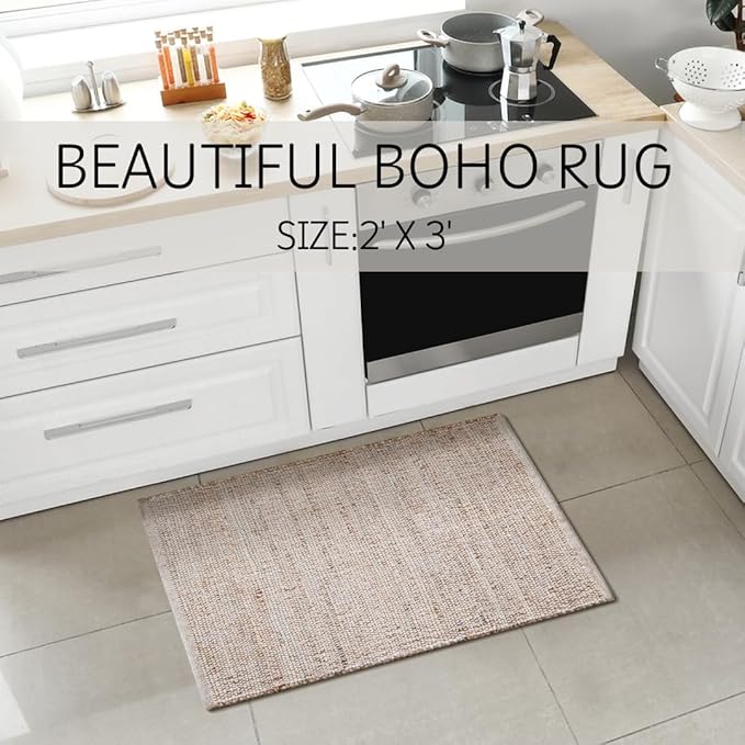 Savi Home Jute Cotton 24 x 36 Hand Woven Natural Farmhouse Area Rug for Living Room Bedroom Kitchen Hallway Entryway- Rustic Vintage Bohemian Decor