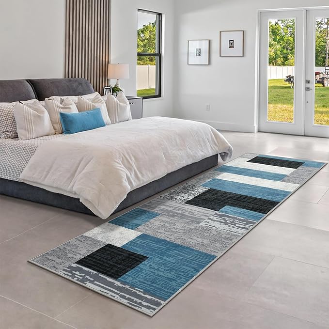 Indoor Runner Rug, Washable Runner Rug with Rubber Backing, Modern Geometric Patchwork Aesthetic Carpet for Bedroom, Living Room, Hallway, Entryway, Washable Rug Rockwood Collection, 2x6 Ft Blue