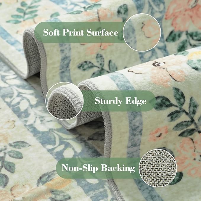 Wonnitar Machine Washable 5x7 Area Rug, Boho Floral Rugs for Living Room Non-Slip, Soft Pink and Green Flower Ultra-Thin Non Shedding Carpet for Bedroom Dining Room Nursery