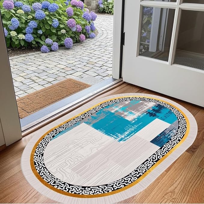 Vintage Luxury Grey Blue Gold Abstract Geometric Texture Oval Area Rug 5x8 for Living Room Bedroom Dining Room Minimalist Bordered Large Rugs Nursery Dorm Kitchen Entryway Soft Non Skid Floor Carpet