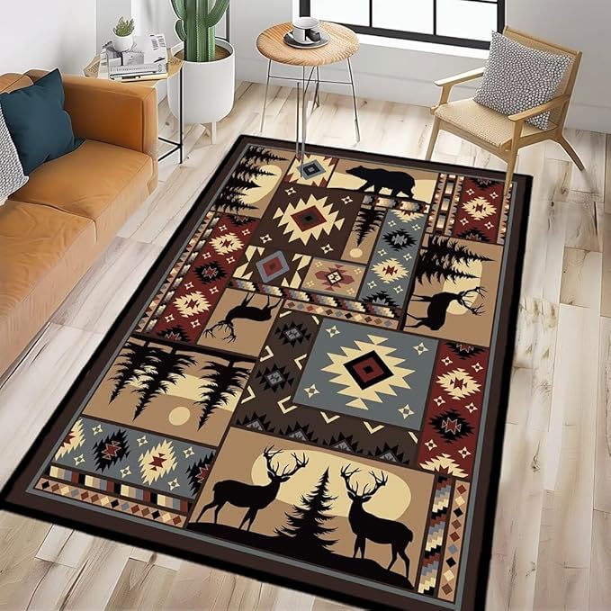 Rustic Cabin Wildlife Area Rug 3x5 Washable Bedroom Rug,Buffalo Plaid Bear Moose Deer Country,Farmhouse Throw Rugs Non Slip Area Carpet Small Floor Carpets Mat for Entryway,Living Room,Laundry,Office