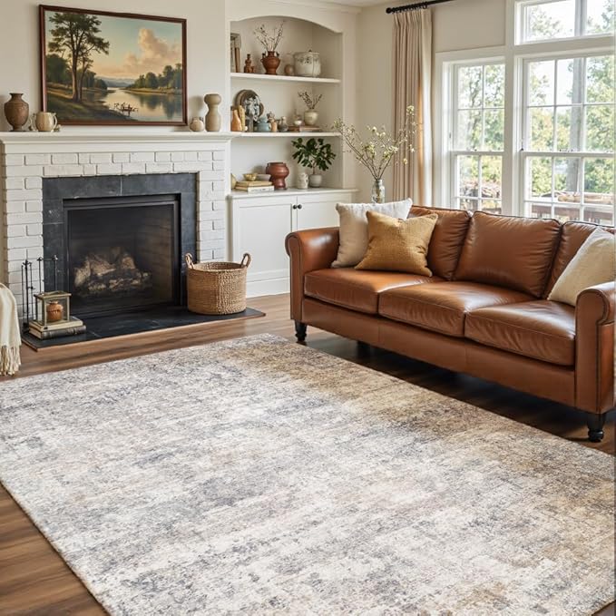 Area Rug 5x7 Washable Rug Grey and Beige for Living Room, Dining Room, Bedroom, Large Carpets, Non Slip & Non-Shedding Low Pile Vintage Print Rug for Home Office Decor