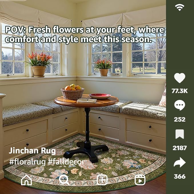 jinchan Elora Floral Corner Rug for Living Room Washable Bedroom Rug Vintage Romance Design Non Slip Quarter Circle Lightweight Low-Pile Throw Carpet for Reading Nook Playroom,6ft Radius, Green