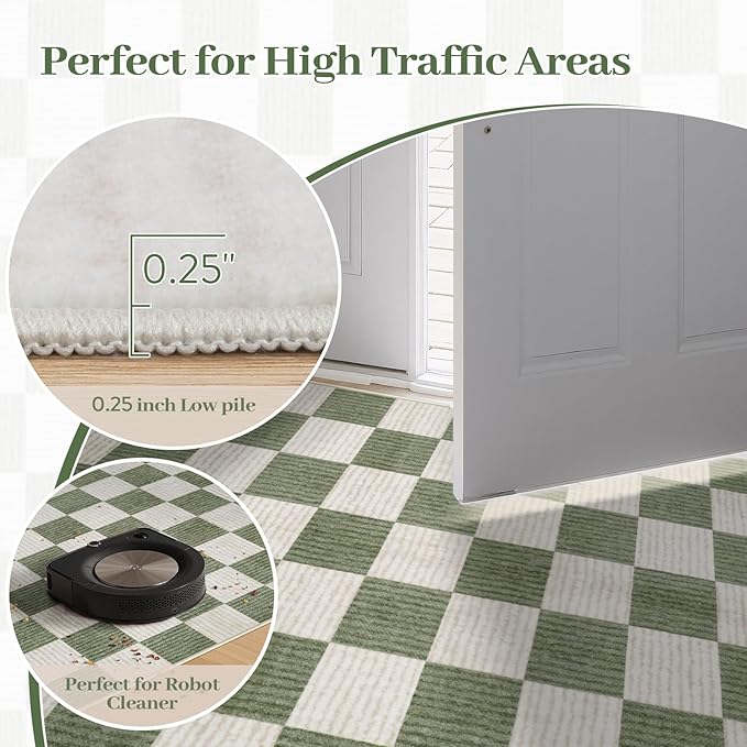 LIVEBOX Checkered Round Rug 6 Ft Washable Area Rug for Playroom, Kids Non-Slip Neutral Classic Circle Rug Geometric Large Carpet Soft Boys Rug for Classroom Dorm Bedroom(Sage Green,180R)