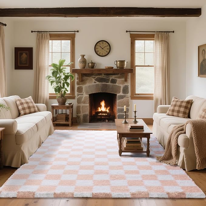 8x10 Area Rugs for Living Room Bedroom, Soft Fluffy Shaggy Bedside Rug, Indoor Floor Carpet for Kids Playroom, Dorms, Nursery Rooms, Home Decor (Pink & White 8'x10')