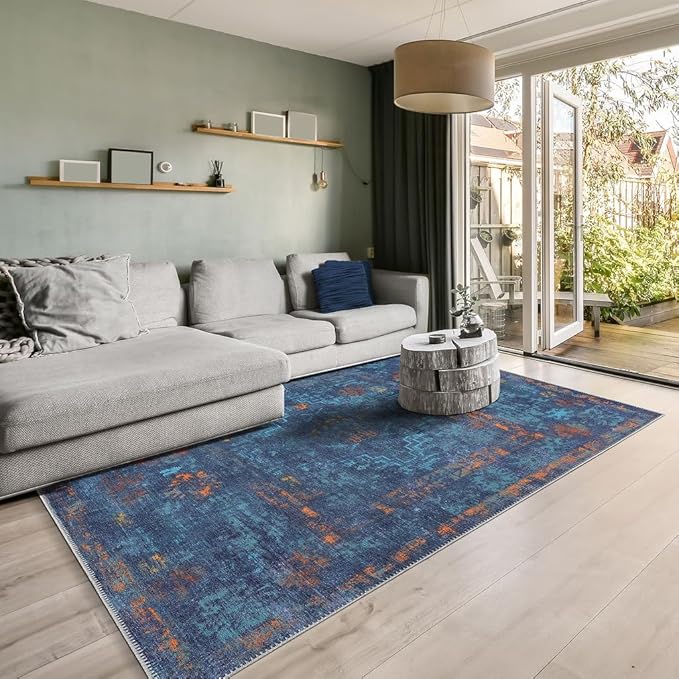 GLN Rugs Contemporary Collection - Machine Washable Area Rug, Contemporary Washable, Non Slip, Low Pile Chenille Rug, Living Room, Bedroom, Kitchen Rug (3' x 5' Midnight/Multi)