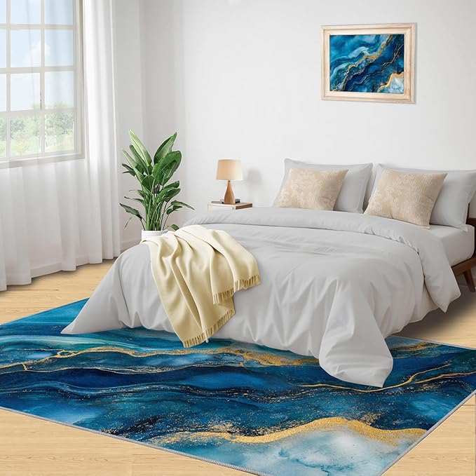 Blue Gold Marble Rugs for Bedroom - 5x7 Area Rug - Modern Fashion Marble Rugs for Living Room, European Light Luxury Art Rug, Washable Home Decor Carpet