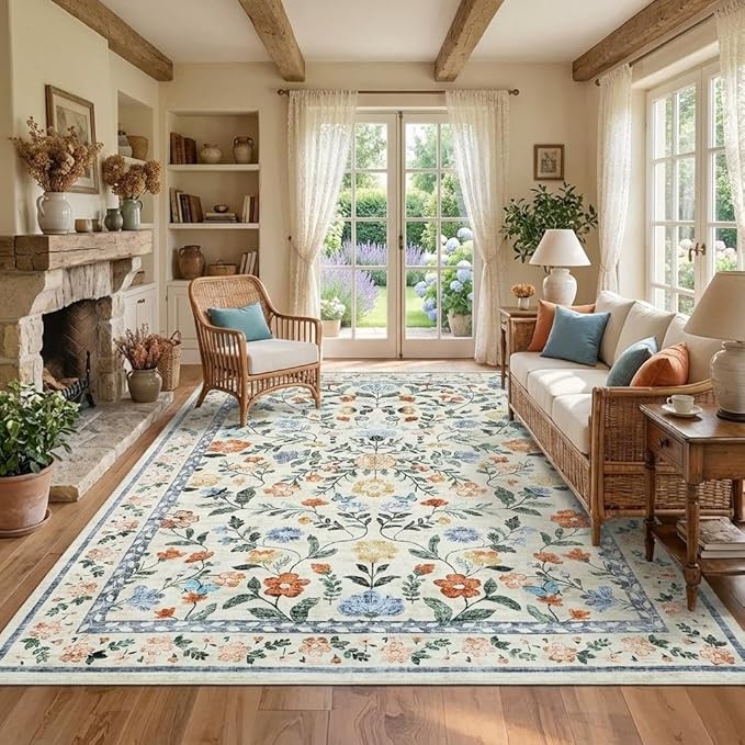 5x7 Washable Non-Slip Rug, Vintage Floral Area Rug for Living Room, Low Pile Farmhouse Distressed Carpet for Nursery Playroom Dorm Teens Office, Green